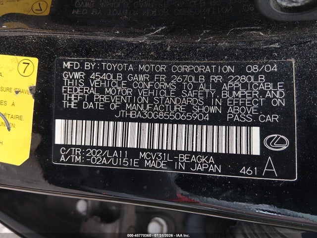 45770360 :رقم المزاد ، JTHBA30G855065904 vin ، 2005 Lexus Es 330 مزاد بيع