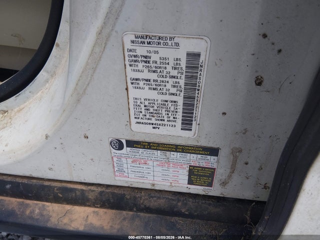 45770361 :رقم المزاد ، JNRAS08W45X221123 vin ، 2005 Infiniti Fx35 مزاد بيع