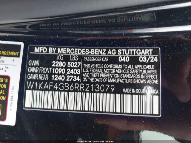 Продажа на аукционе авто 2024 Mercedes-benz C 300, vin: W1KAF4GB6RR213079, номер лота: 45770364