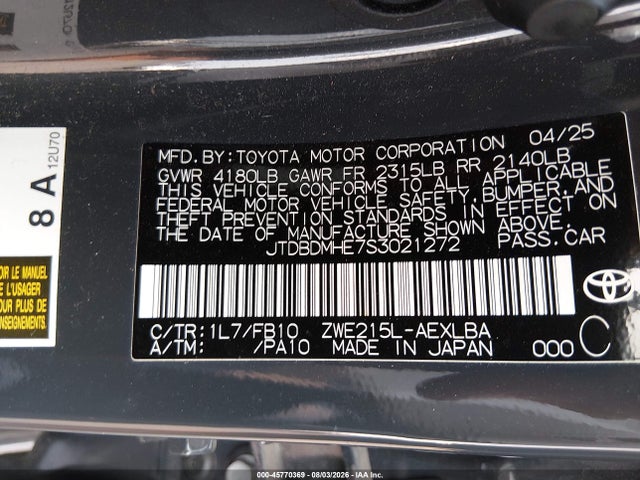 Toyota Corolla Hybrid Le 2025 JTDBDMHE7S3021272 Image 9