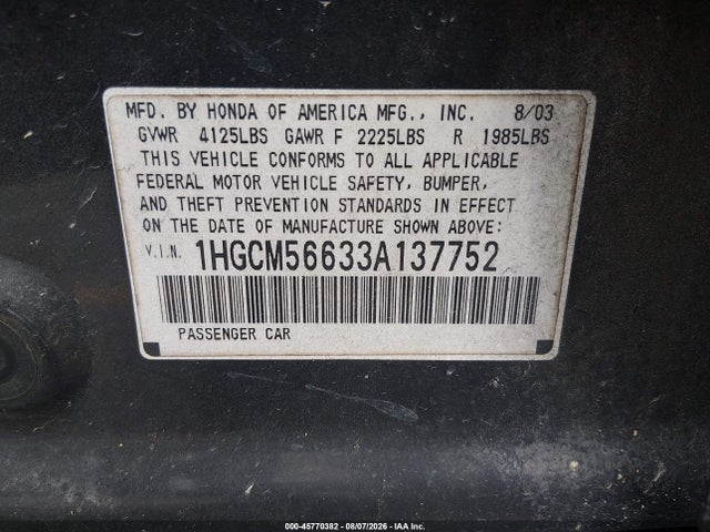 Продаж на аукціоні авто 2003 Honda Accord 2.4 Ex, vin: 1HGCM56633A137752, номер лоту: 45770382