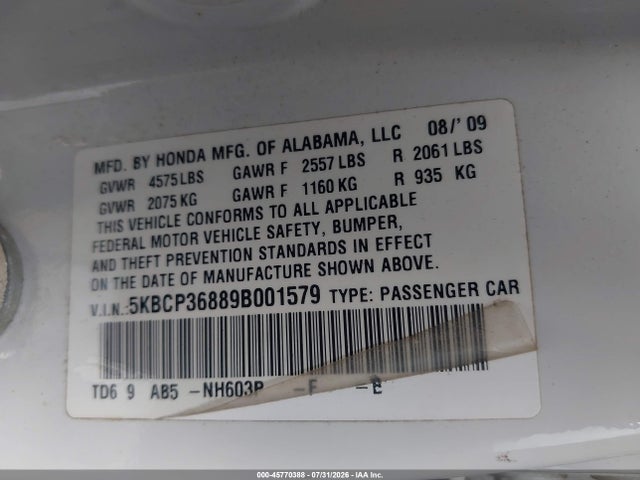 Aukcja sprzedaży 2009 Honda Accord 3.5 Ex-l, vin: 5KBCP36889B001579, numer aukcji: 45770388