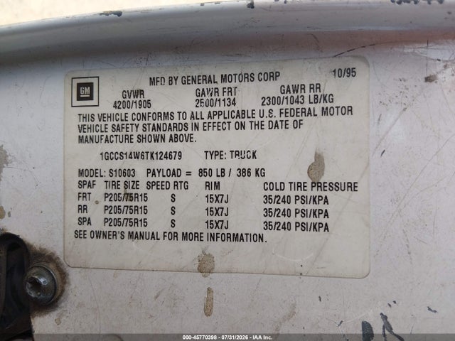 Продаж на аукціоні авто 1996 Chevrolet S Truck S10, vin: 1GCCS14W6TK124679, номер лоту: 45770398
