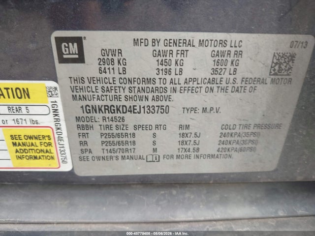 Chevrolet Traverse 1lt 2014 1GNKRGKD4EJ133750 Image 9