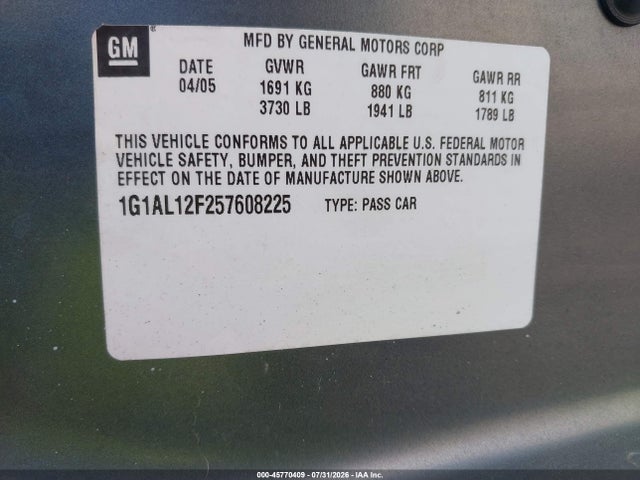 Продаж на аукціоні авто 2005 Chevrolet Cobalt Ls, vin: 1G1AL12F257608225, номер лоту: 45770409