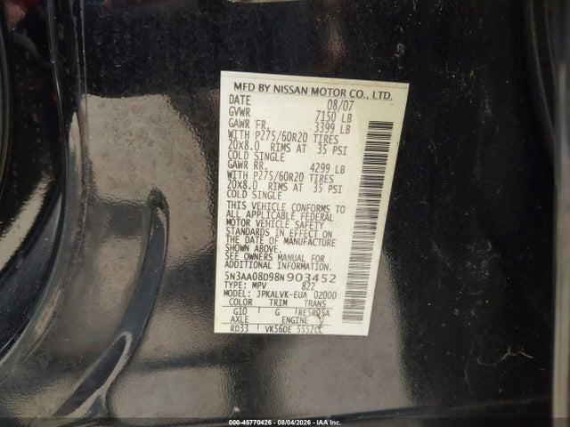 45770426 :رقم المزاد ، 5N3AA08D98N903452 vin ، 2008 Infiniti Qx56 مزاد بيع