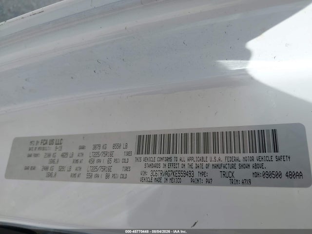Auction sale of the 2019 Ram Promaster 1500 Low Roof 136 Wb, vin: 3C6TRVAG7KE559493, lot number: 45770448
