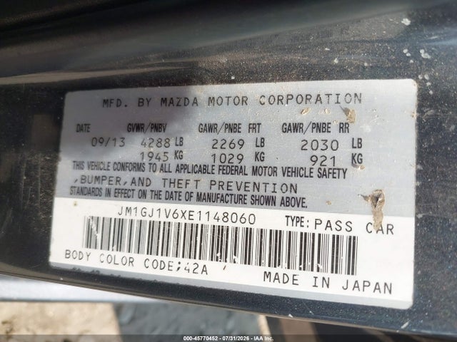45770452 :رقم المزاد ، JM1GJ1V6XE1148060 vin ، 2014 Mazda Mazda6 I Touring مزاد بيع