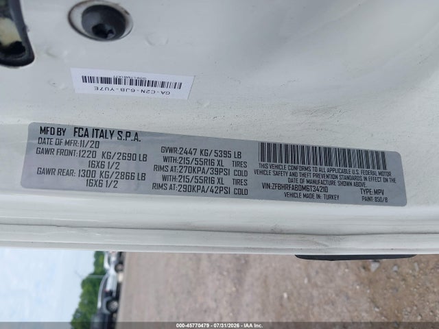 Продаж на аукціоні авто 2021 Ram Promaster City Tradesman, vin: ZFBHRFAB0M6T34210, номер лоту: 45770479