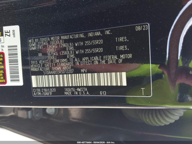 45770484 :رقم المزاد ، 5TDAAAB55RS013207 vin ، 2024 Toyota Grand Highlander Platinum مزاد بيع