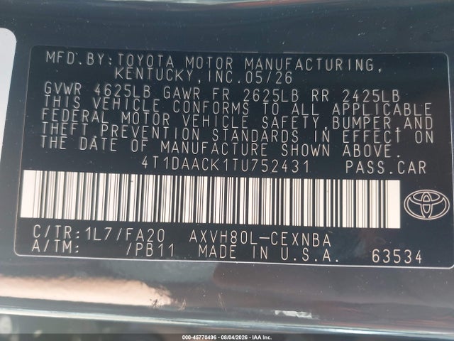 2026 Toyota Camry Le მანქანა იყიდება აუქციონზე, vin: 4T1DAACK1TU752431, აუქციონის ნომერი: 45770496