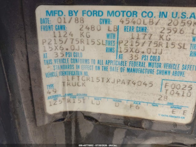 Продажа на аукционе авто 1988 Ford Ranger Super Cab, vin: 1FTCR15TXJPA74045, номер лота: 45770502