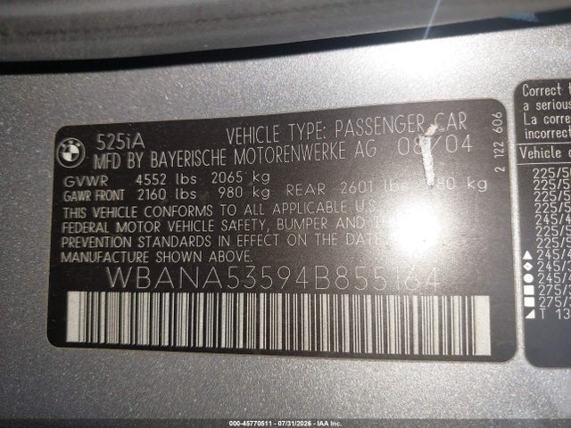 Продаж на аукціоні авто 2004 Bmw 525i, vin: WBANA53594B855164, номер лоту: 45770511