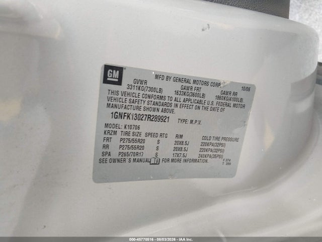 Продаж на аукціоні авто 2007 Chevrolet Tahoe Lt, vin: 1GNFK13027R289921, номер лоту: 45770516