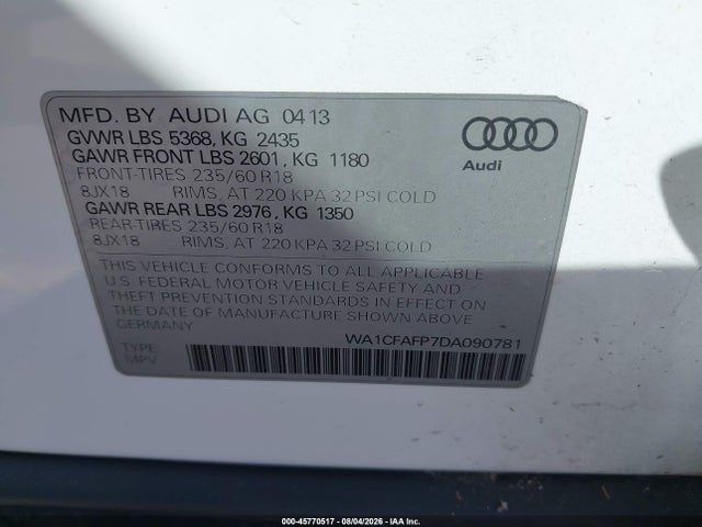45770517 :رقم المزاد ، WA1CFAFP7DA090781 vin ، 2013 Audi Q5 2.0t Premium مزاد بيع