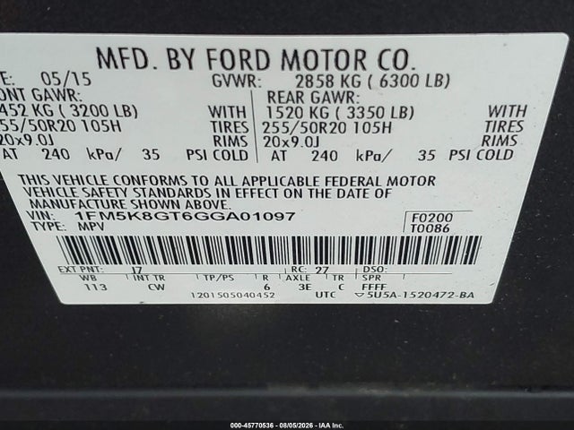 2016 Ford Explorer Sport მანქანა იყიდება აუქციონზე, vin: 1FM5K8GT6GGA01097, აუქციონის ნომერი: 45770536