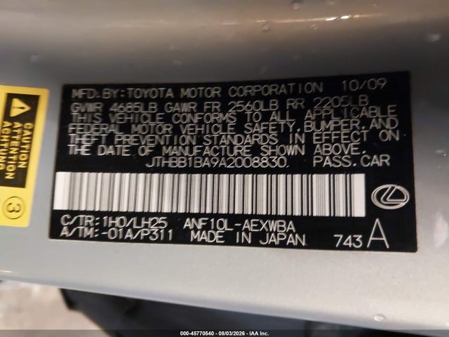 45770540 :رقم المزاد ، JTHBB1BA9A2008830 vin ، 2010 Lexus Hs 250h Premium مزاد بيع