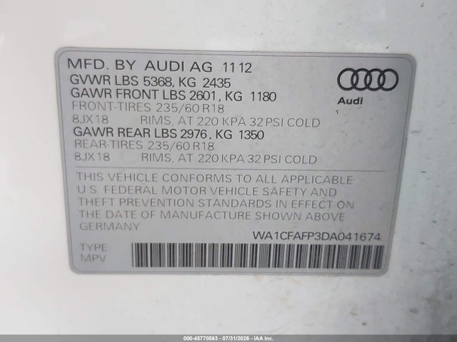 45770563 :رقم المزاد ، WA1CFAFP3DA041674 vin ، 2013 Audi Q5 2.0t Premium مزاد بيع