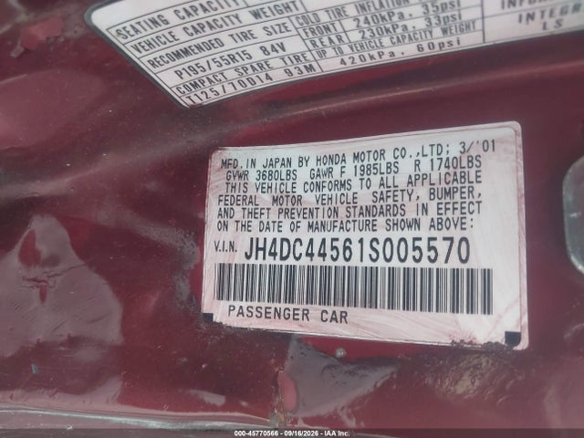 2001 Acura Integra Ls მანქანა იყიდება აუქციონზე, vin: JH4DC44561S005570, აუქციონის ნომერი: 45770566