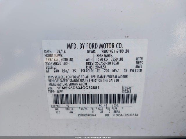 45770579 :رقم المزاد ، 1FM5K8D83JGC82881 vin ، 2018 Ford Explorer Xlt مزاد بيع