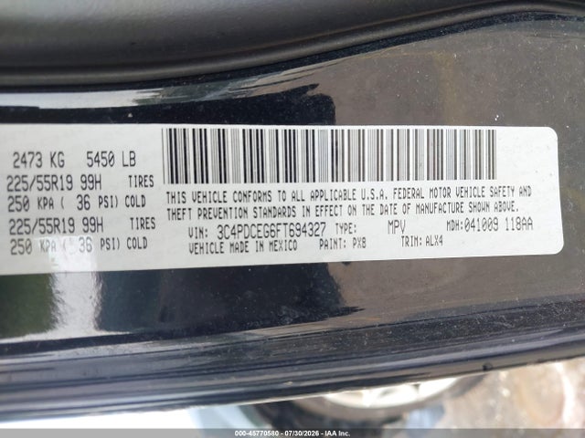 2015 Dodge Journey R/t მანქანა იყიდება აუქციონზე, vin: 3C4PDCEG6FT694327, აუქციონის ნომერი: 45770580