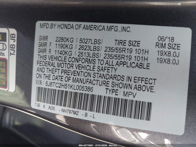 Aukcja sprzedaży 2019 Acura Rdx Technology Package, vin: 5J8TC2H51KL005386, numer aukcji: 45770591