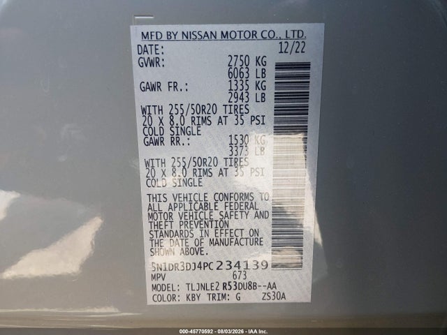 2023 Nissan Pathfinder Platinum მანქანა იყიდება აუქციონზე, vin: 5N1DR3DJ4PC234139, აუქციონის ნომერი: 45770592