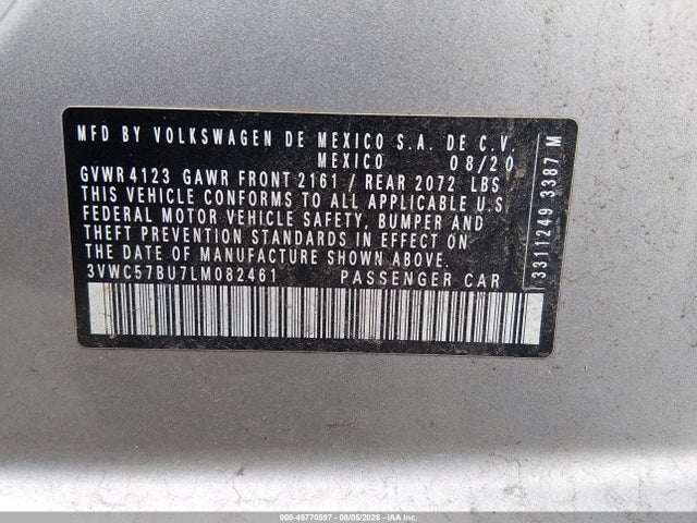 Aukcja sprzedaży 2020 Volkswagen Jetta, vin: 3VWC57BU7LM082461, numer aukcji: 45770597
