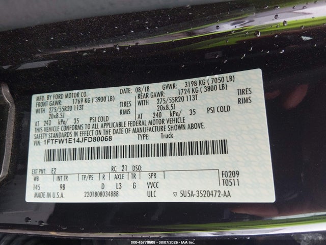 Продаж на аукціоні авто 2018 Ford F-150 Platinum, vin: 1FTFW1E14JFD80068, номер лоту: 45770608