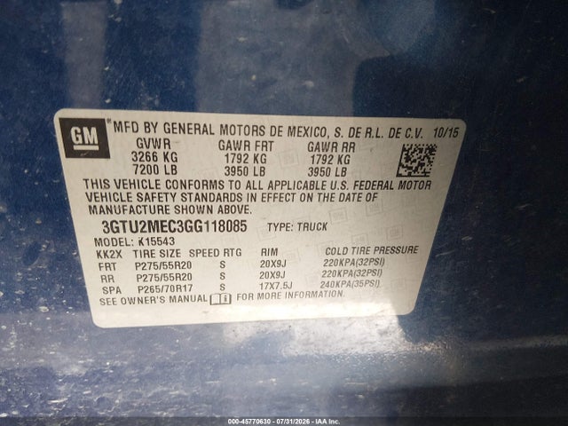 Продаж на аукціоні авто 2016 Gmc Sierra 1500 Sle, vin: 3GTU2MEC3GG118085, номер лоту: 45770630