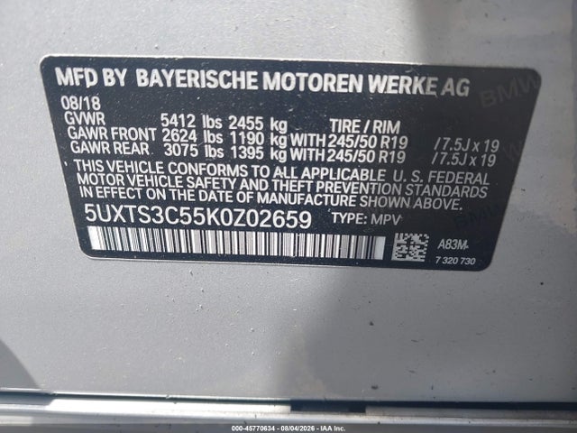 Продажа на аукционе авто 2019 Bmw X3 M40i, vin: 5UXTS3C55K0Z02659, номер лота: 45770634