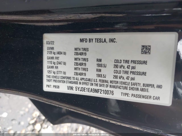 Tesla Model 3 Rear-wheel Drive 2022 5YJ3E1EA9NF210076 Image 9