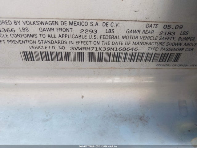 2009 Volkswagen Jetta Se მანქანა იყიდება აუქციონზე, vin: 3VWRM71K39M168646, აუქციონის ნომერი: 45770656