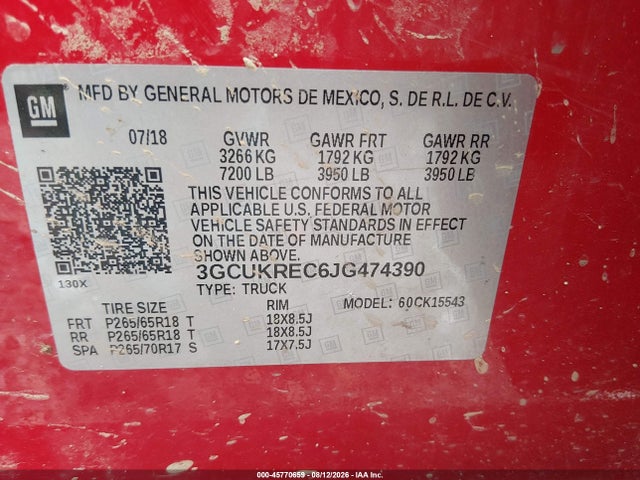Auction sale of the 2018 Chevrolet Silverado 1500 2lt, vin: 3GCUKREC6JG474390, lot number: 45770659