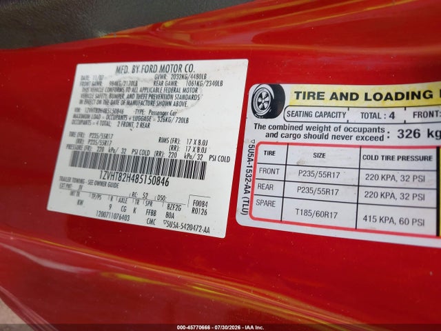 Продаж на аукціоні авто 2008 Ford Mustang Gt, vin: 1ZVHT82H485150846, номер лоту: 45770666