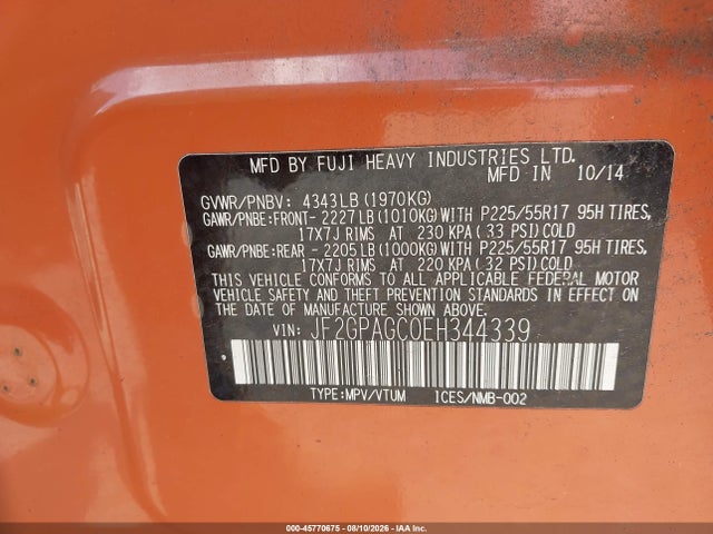 Aukcja sprzedaży 2014 Subaru Xv Crosstrek 2.0i Limited, vin: JF2GPAGC0EH344339, numer aukcji: 45770675
