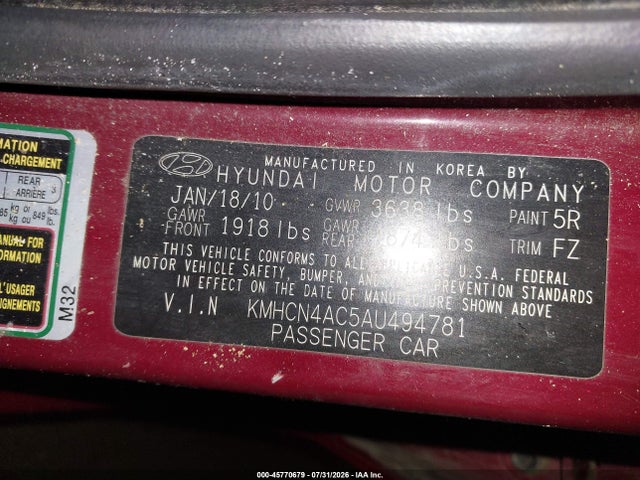 45770679 :رقم المزاد ، KMHCN4AC5AU494781 vin ، 2010 Hyundai Accent Gls مزاد بيع