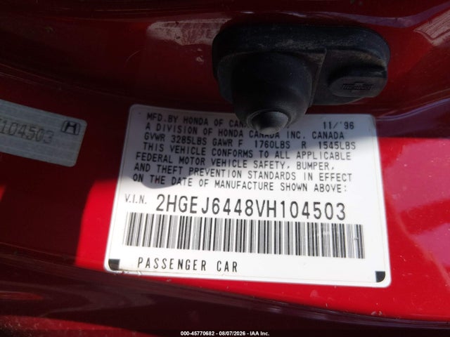 45770682 :رقم المزاد ، 2HGEJ6448VH104503 vin ، 1997 Honda Civic Dx مزاد بيع