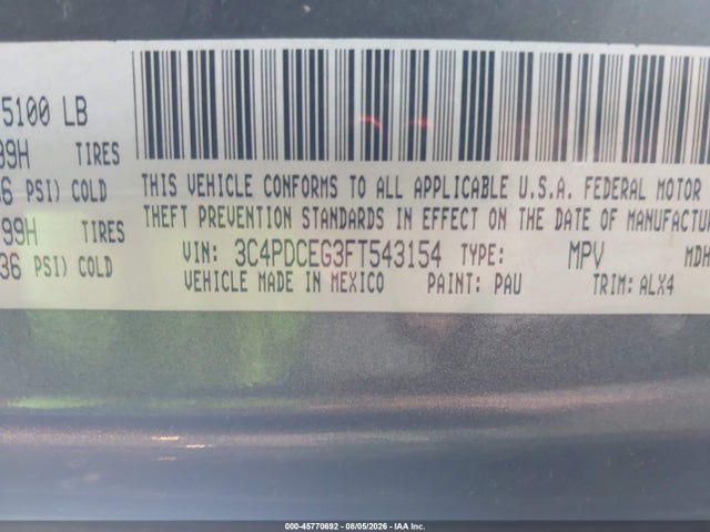 Продажа на аукционе авто 2015 Dodge Journey R/t, vin: 3C4PDCEG3FT543154, номер лота: 45770692
