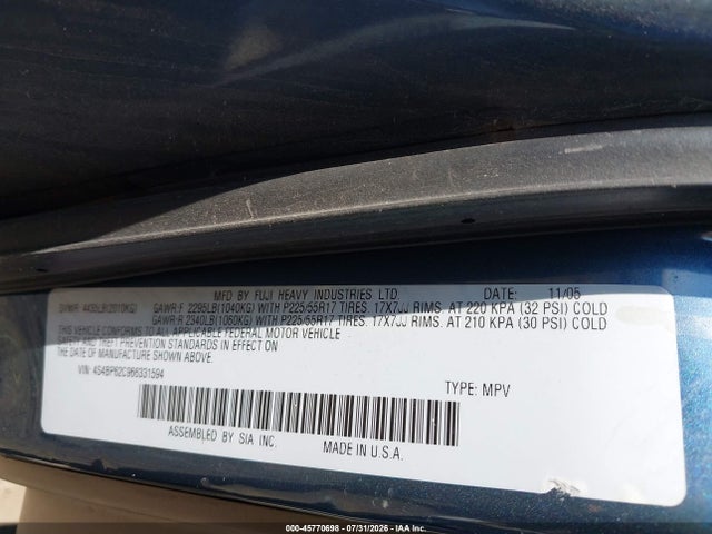 Продаж на аукціоні авто 2006 Subaru Outback 2.5i Limited, vin: 4S4BP62C966331594, номер лоту: 45770698
