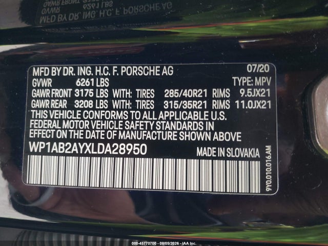 45770700 :رقم المزاد ، WP1AB2AYXLDA28950 vin ، 2020 Porsche Cayenne S مزاد بيع