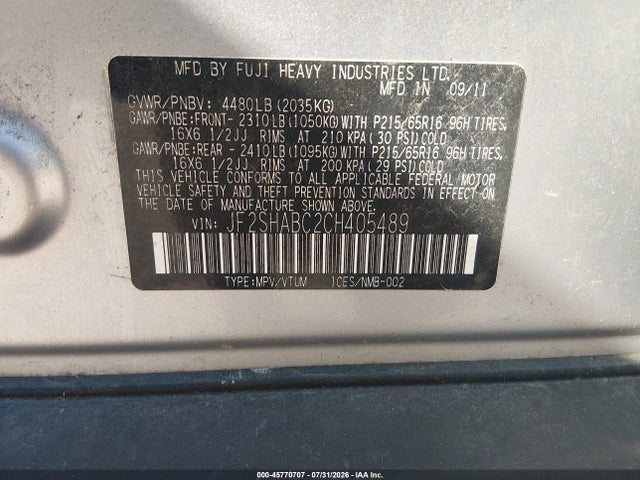 Продаж на аукціоні авто 2012 Subaru Forester 2.5x, vin: JF2SHABC2CH405489, номер лоту: 45770707