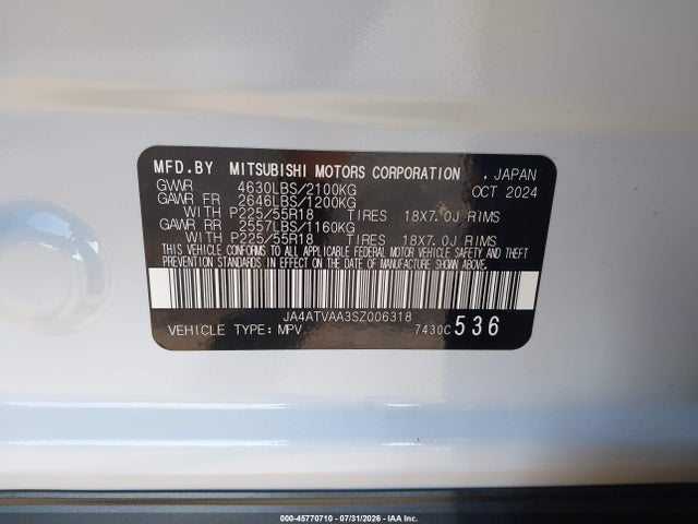 Aukcja sprzedaży 2025 Mitsubishi Eclipse Cross Le S-awc/ralliart S-awc, vin: JA4ATVAA3SZ006318, numer aukcji: 45770710