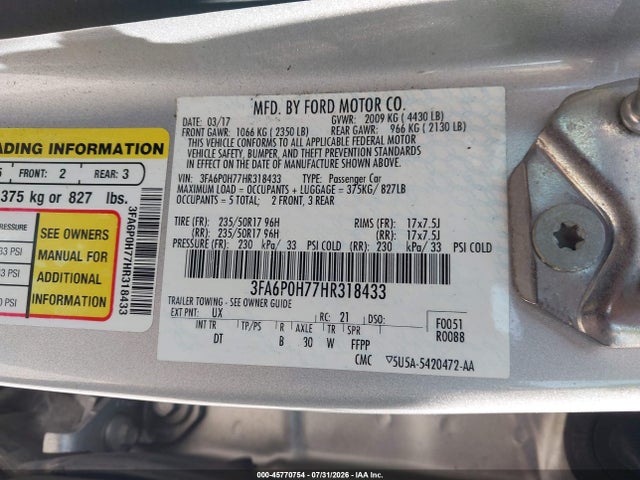 Продаж на аукціоні авто 2017 Ford Fusion Se, vin: 3FA6P0H77HR318433, номер лоту: 45770754
