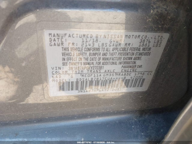 2019 Nissan Sentra S მანქანა იყიდება აუქციონზე, vin: 3N1AB7AP6KY270381, აუქციონის ნომერი: 45770762
