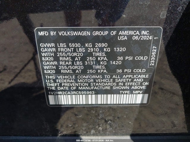 45770766 :رقم المزاد ، 1V2HR2CA3RC595963 vin ، 2024 Volkswagen Atlas 2.0t Se W/technology مزاد بيع