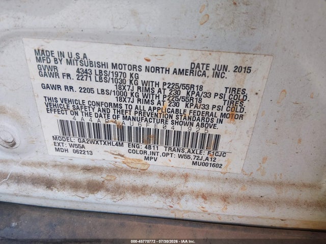 45770772 :رقم المزاد ، 4A4AP4AU6FE041925 vin ، 2015 Mitsubishi Outlander Sport Se مزاد بيع