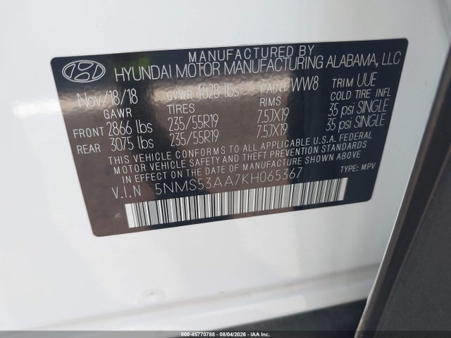Продажа на аукционе авто 2019 Hyundai Santa Fe Ultimate 2.0t, vin: 5NMS53AA7KH065367, номер лота: 45770788