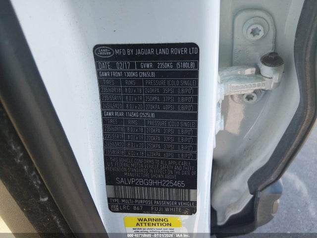 45770805 :رقم المزاد ، SALVP2BG9HH225465 vin ، 2017 Land Rover Range Rover Evoque Se/se Premium مزاد بيع