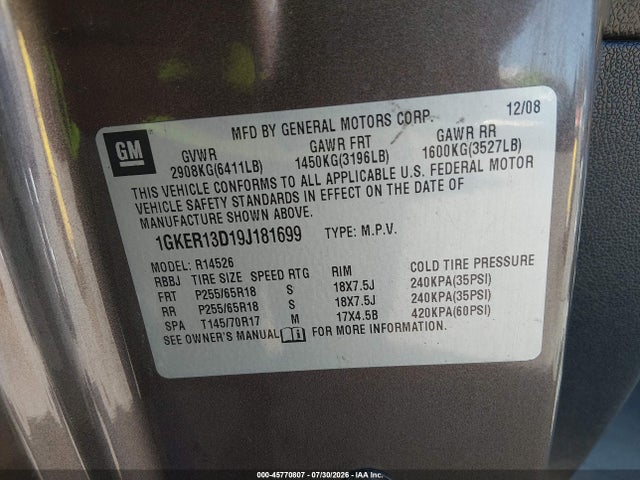 Продажа на аукционе авто 2009 Gmc Acadia Sle1, vin: 1GKER13D19J181699, номер лота: 45770807